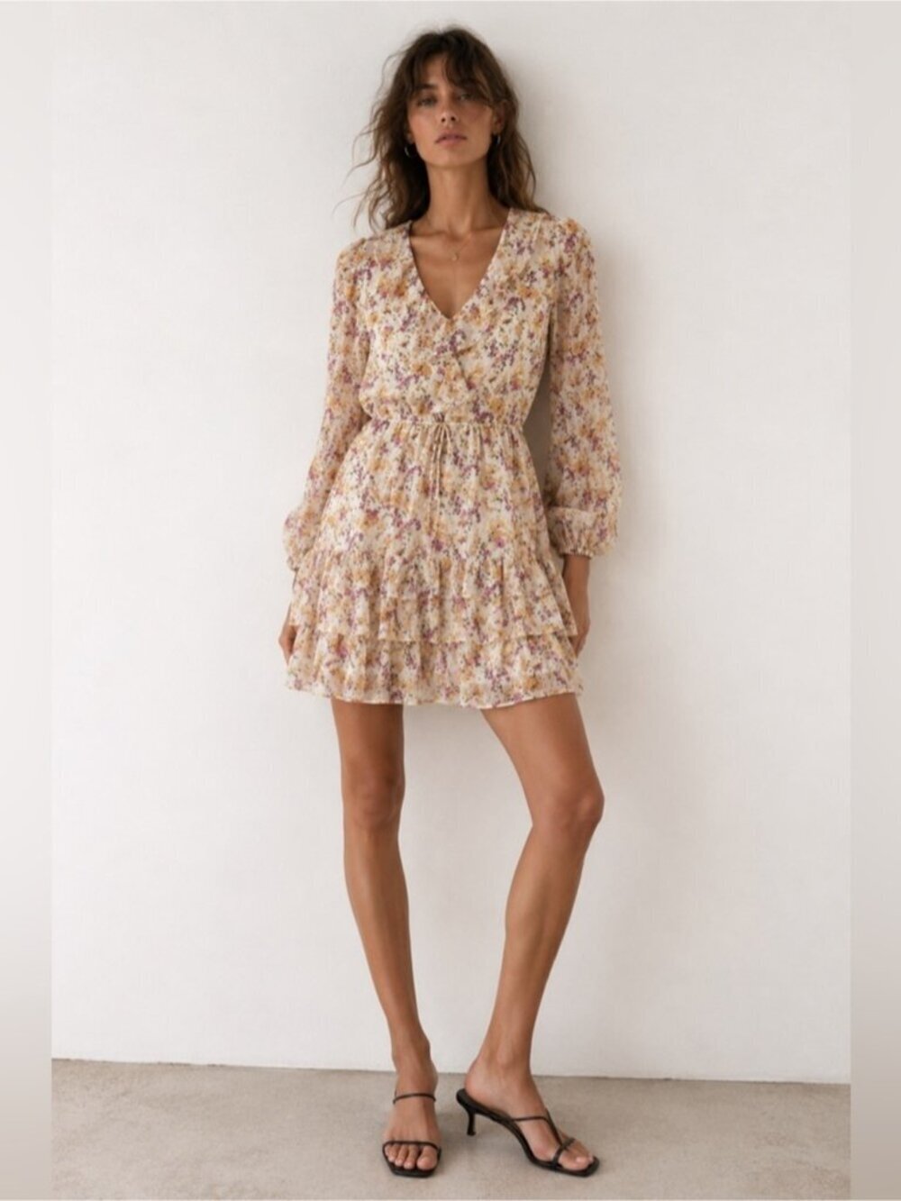 Lucy Paris Floral Ruffle Mini Dress XS Cream Pink Yellow